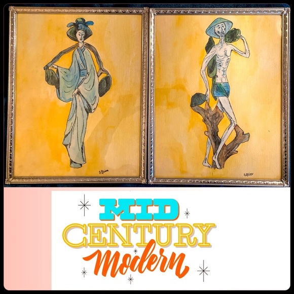 MCM Ancient Japanese Life Water Carrier and Fisherman Watercolor Gold Tone Frame